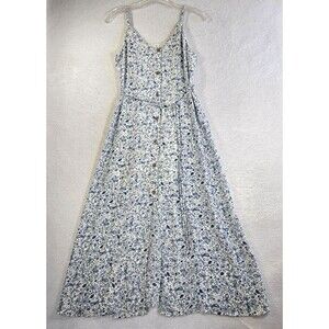Sienna Sky Dress Womens S Button Front Floral Print Summer White Blue Strappy